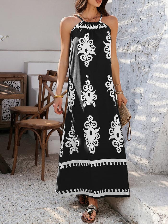 allegra k Bohemian Halter Neck Sleeveless Mxi Resort Dress