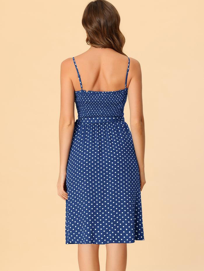 Allegra K Bohemian Smocked Belted Spaghetti Strap Polka Dot Midi Dress Sundress