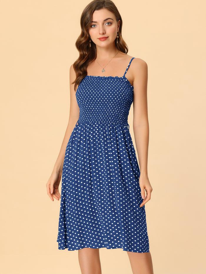allegra k Bohemian Smocked Belted Spaghetti Strap Polka Dot Midi Dress Sundress