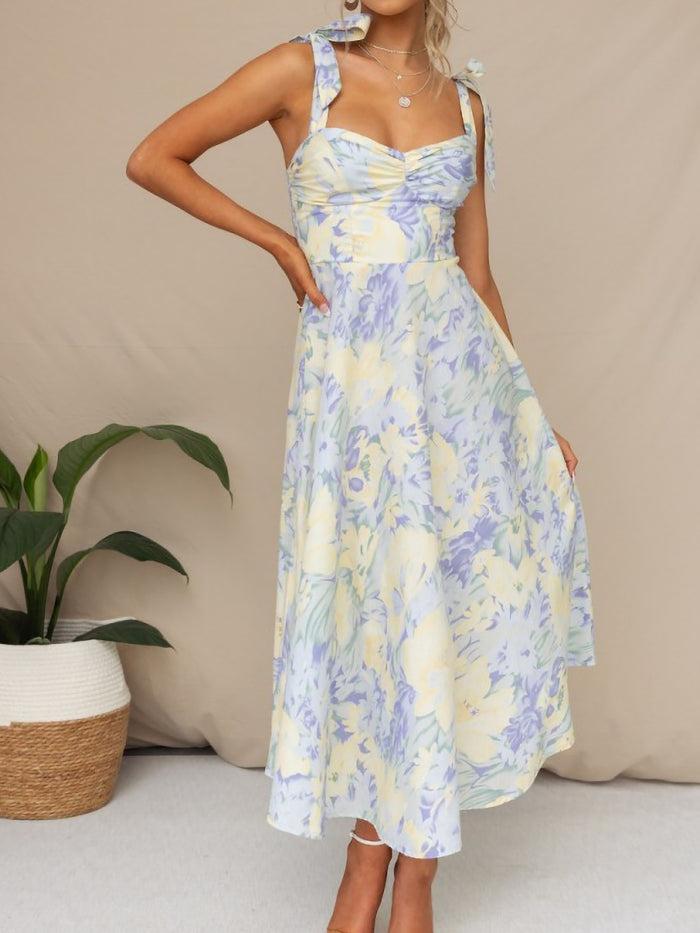 Allegra K Boho All-Over Bloom Print Floral Adjustable Lace-Up Sleeveless A-Line Midi All-Over Bloom Print Dress