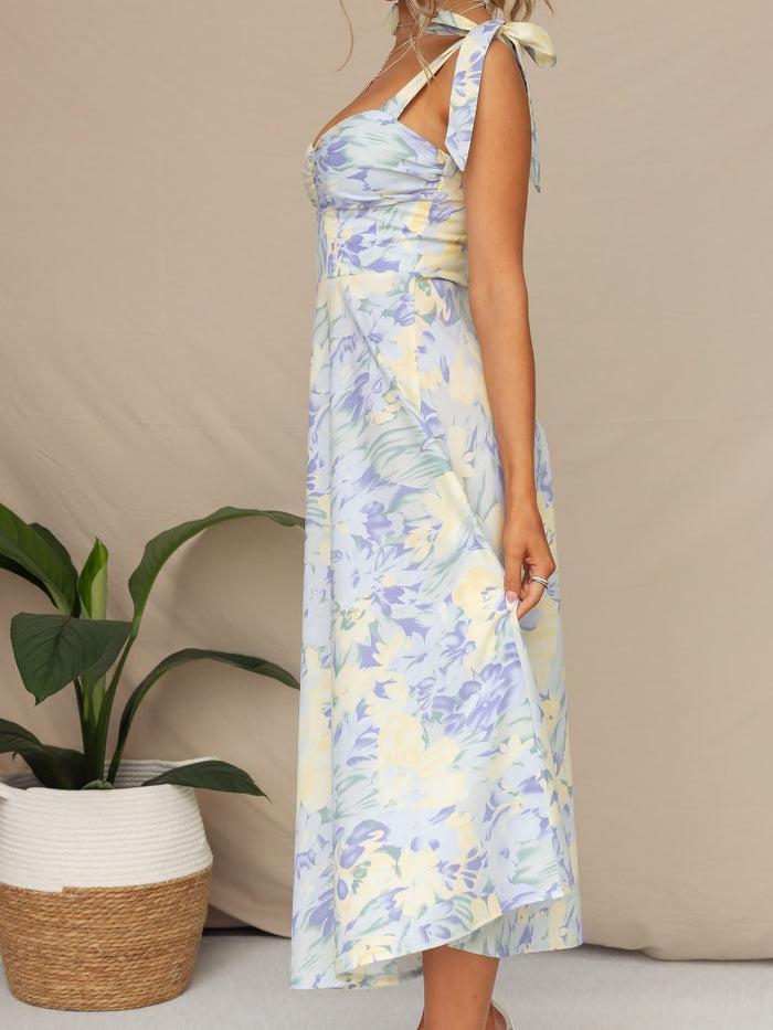 Allegra K Boho All-Over Bloom Print Floral Adjustable Lace-Up Sleeveless A-Line Midi All-Over Bloom Print Dress