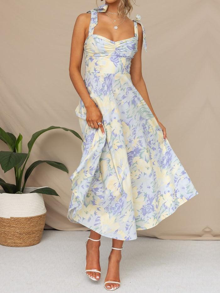 allegra k Boho All-Over Bloom Print Floral Adjustable Lace-Up Sleeveless A-Line Midi All-Over Bloom Print Dress