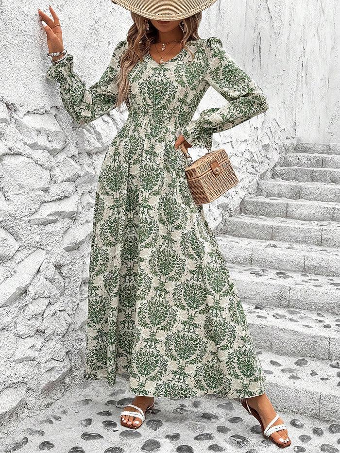 Allegra K Boho-Chic Floral V Neck Long Sleeve Smocked Waist Swing Maxi Casual Dress