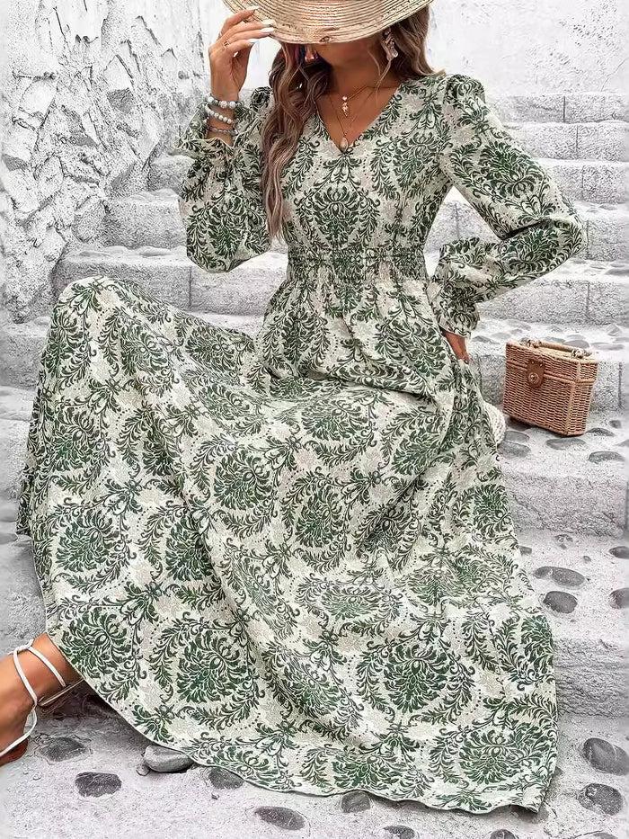 Allegra K Boho-Chic Floral V Neck Long Sleeve Smocked Waist Swing Maxi Casual Dress