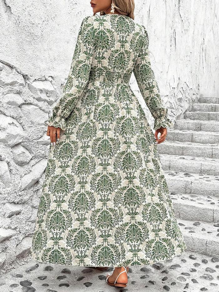 Allegra K Boho-Chic Floral V Neck Long Sleeve Smocked Waist Swing Maxi Casual Dress