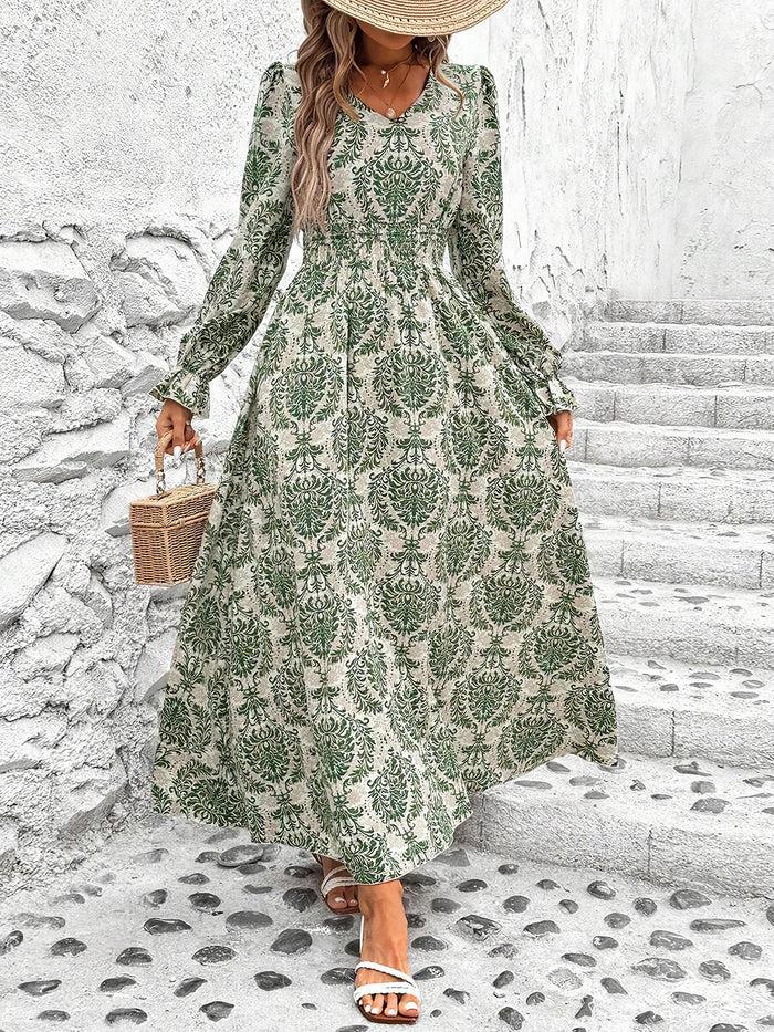 allegra k Boho-Chic Floral V Neck Long Sleeve Smocked Waist Swing Maxi Casual Dress