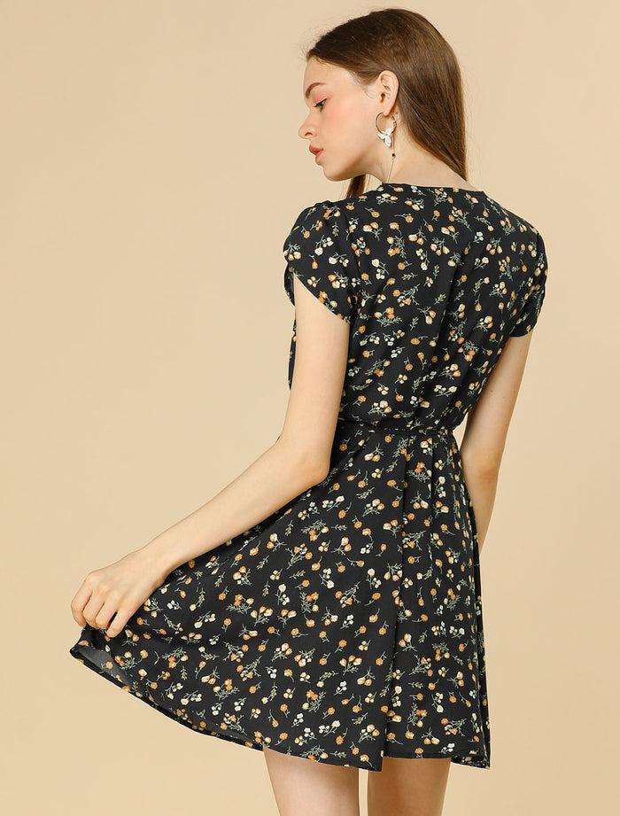 Allegra K Boho Crossover V Neck Petal Sleeve Belted Floral Flowy Dress