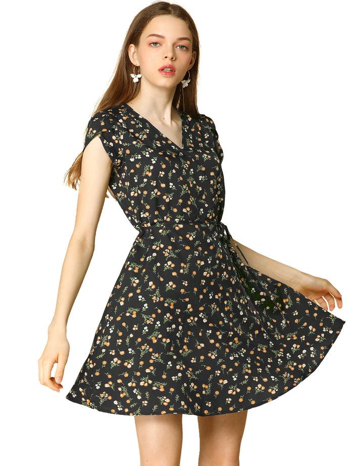 Allegra K Boho Crossover V Neck Petal Sleeve Belted Floral Flowy Dress
