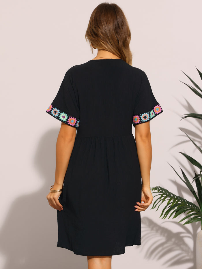 Allegra K Boho Embroidered V Neck Short Sleeve Babydoll Dress