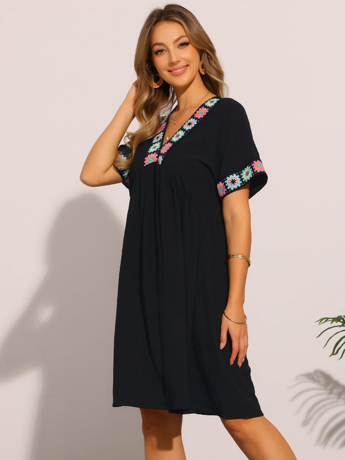 Allegra K Boho Embroidered V Neck Short Sleeve Babydoll Dress