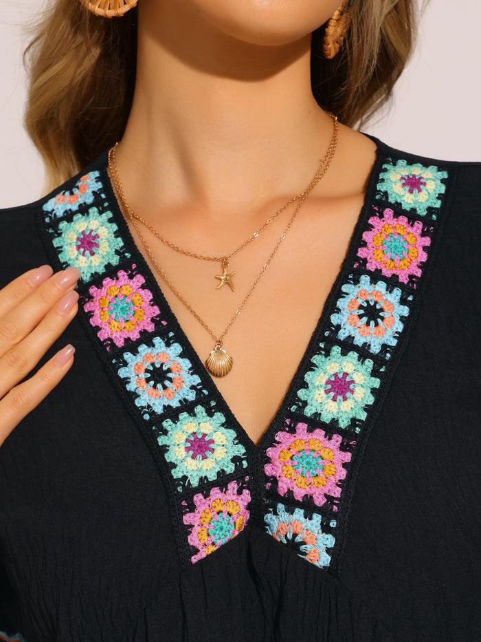 Allegra K Boho Embroidered V Neck Short Sleeve Babydoll Dress