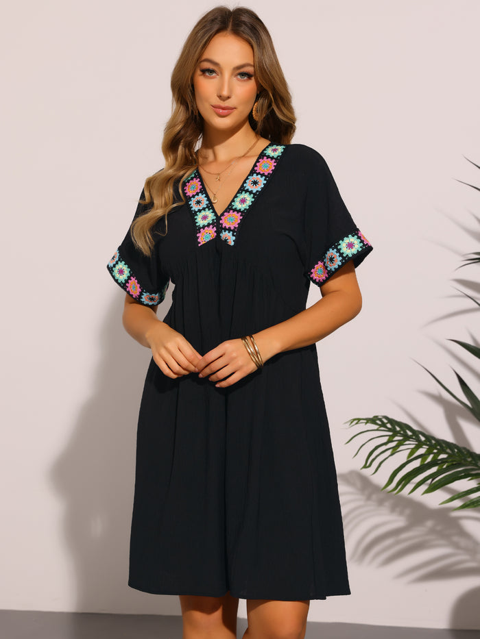 allegra k Boho Embroidered V Neck Short Sleeve Babydoll Dress