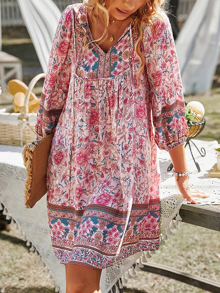 Allegra K Boho Floral 3/4 Sleeves Loose Fit Mini Dress