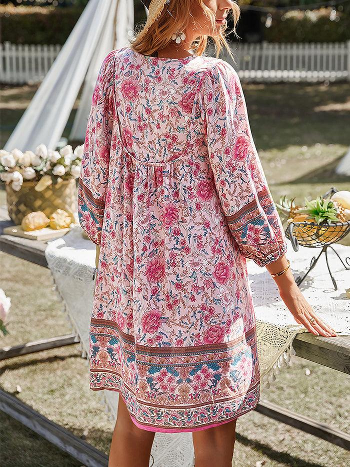 Allegra K Boho Floral 3/4 Sleeves Loose Fit Mini Dress