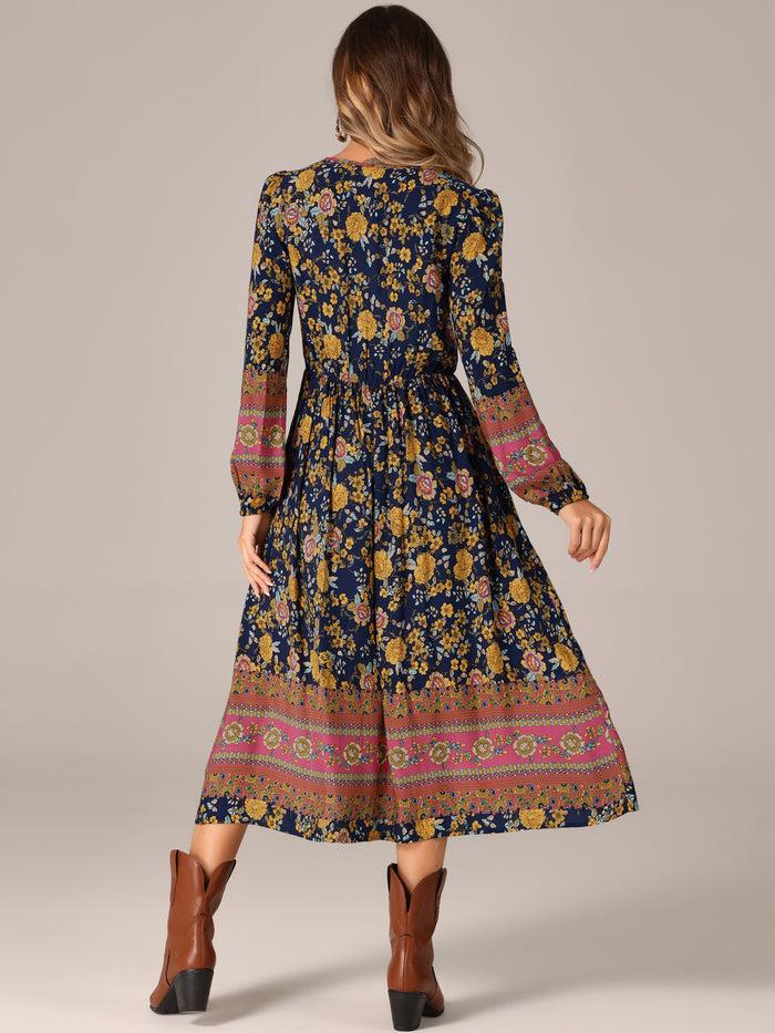 Allegra K Boho Floral Long Sleeves Pocketed Slit A-Line Midi Dress