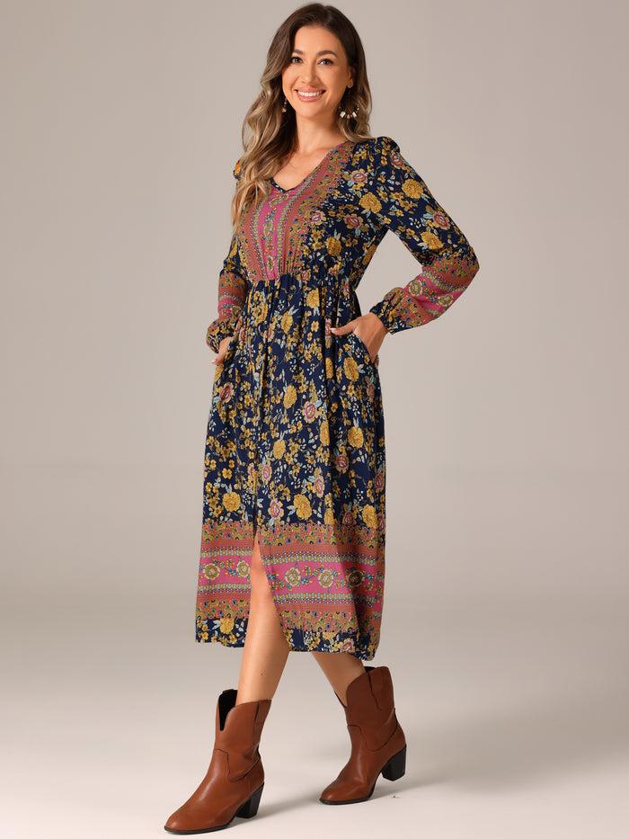 Allegra K Boho Floral Long Sleeves Pocketed Slit A-Line Midi Dress