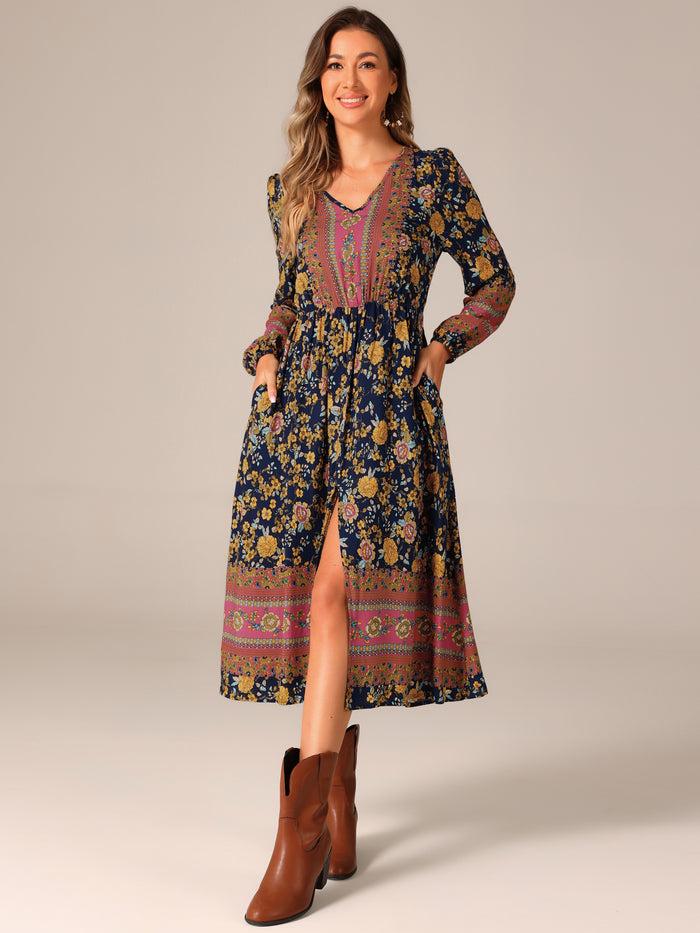 allegra k Boho Floral Long Sleeves Pocketed Slit A-Line Midi Dress