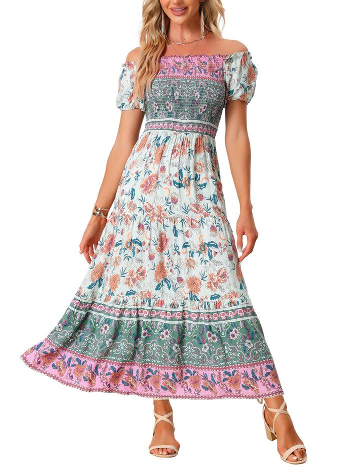 Allegra K Boho Floral Off Shoulder Puff Sleeves Maxi Smocked Dress