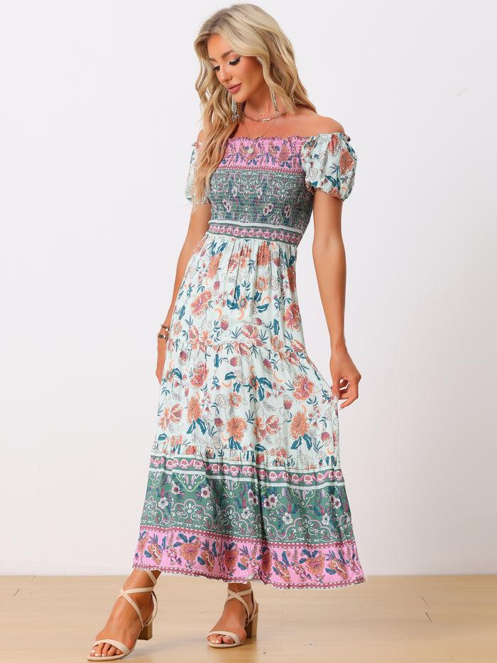allegra k Boho Floral Off Shoulder Puff Sleeves Maxi Smocked Dress