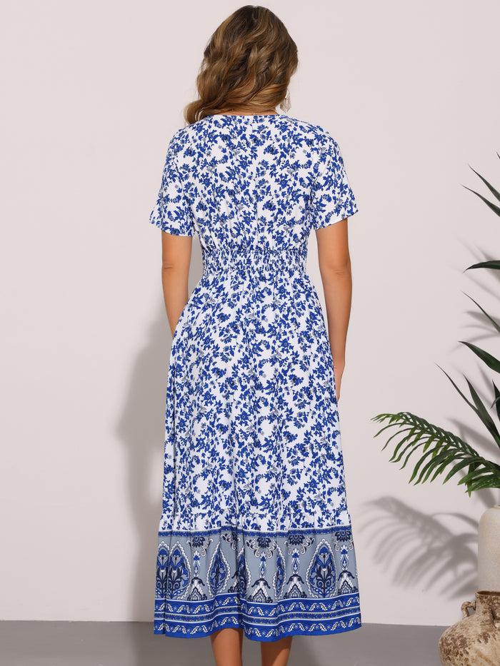 Allegra K Boho Floral Print Square Neck A-Line Midi Dress