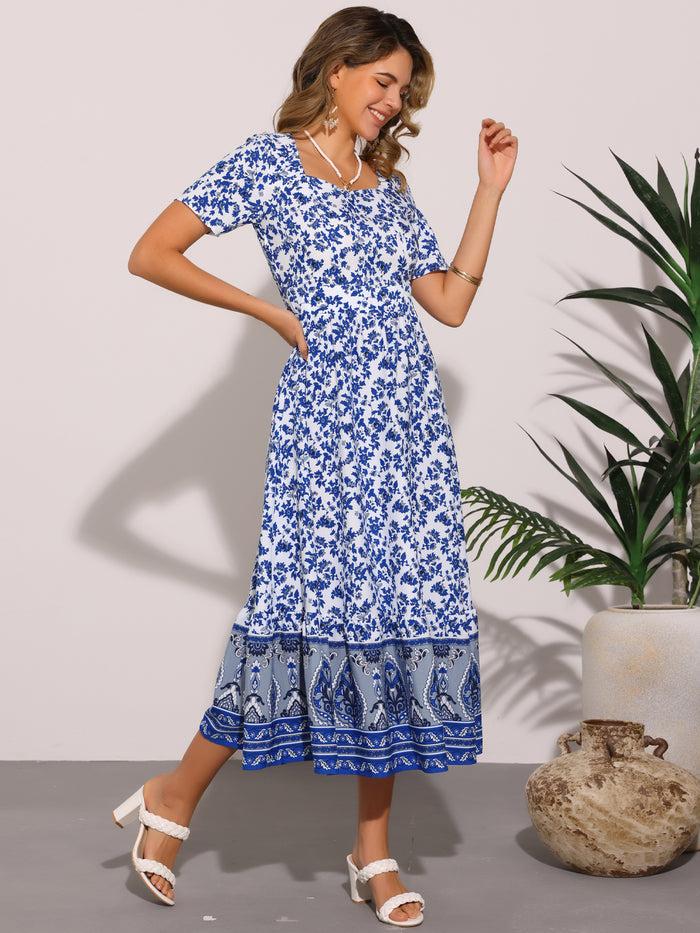 Allegra K Boho Floral Print Square Neck A-Line Midi Dress