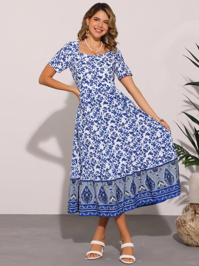 allegra k Boho Floral Print Square Neck A-Line Midi Dress