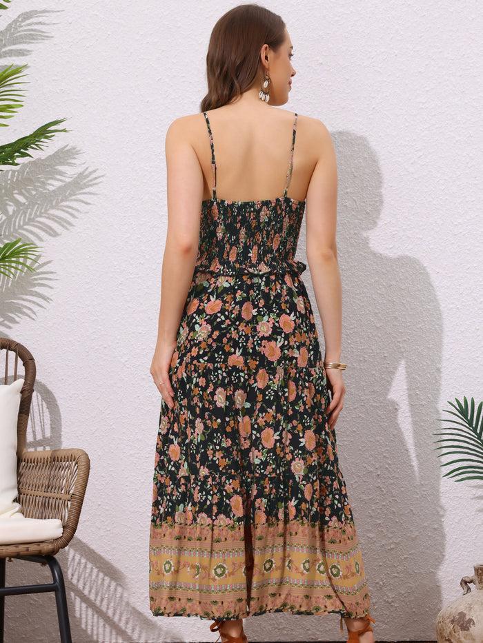 Allegra K Boho Floral Summer Spaghetti Strap A-Line Flowy Smocked Midi Dress Sundress