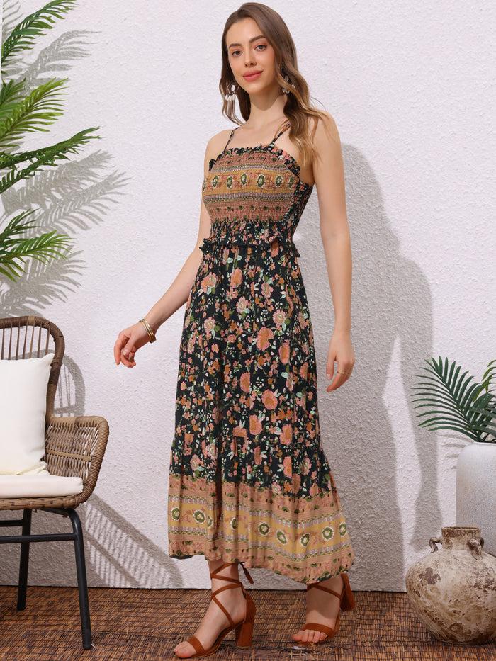 Allegra K Boho Floral Summer Spaghetti Strap A-Line Flowy Smocked Midi Dress Sundress