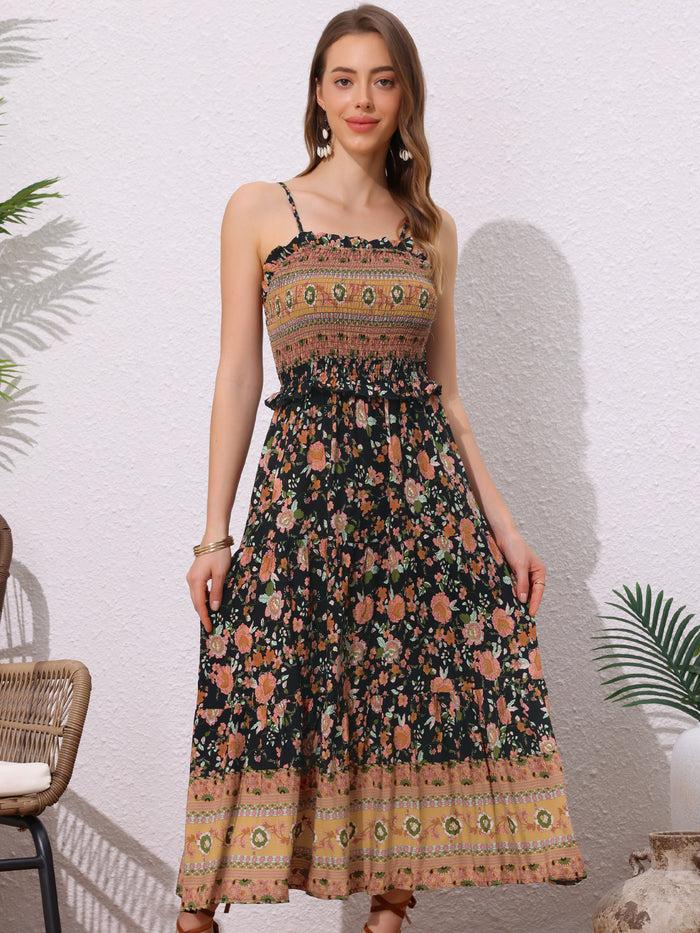 allegra k Boho Floral Summer Spaghetti Strap A-Line Flowy Smocked Midi Dress Sundress