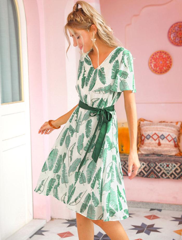 Allegra K Boho Flowy Hawaiian Tropical Leaves Flutter Sleeve Chiffon Dress