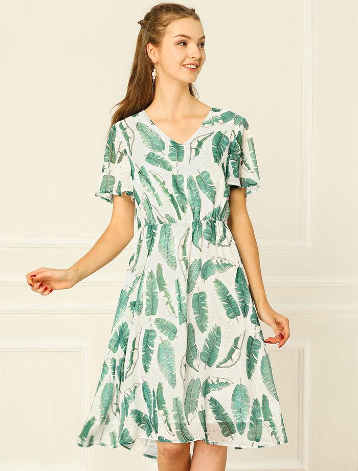 Allegra K Boho Flowy Hawaiian Tropical Leaves Flutter Sleeve Chiffon Dress