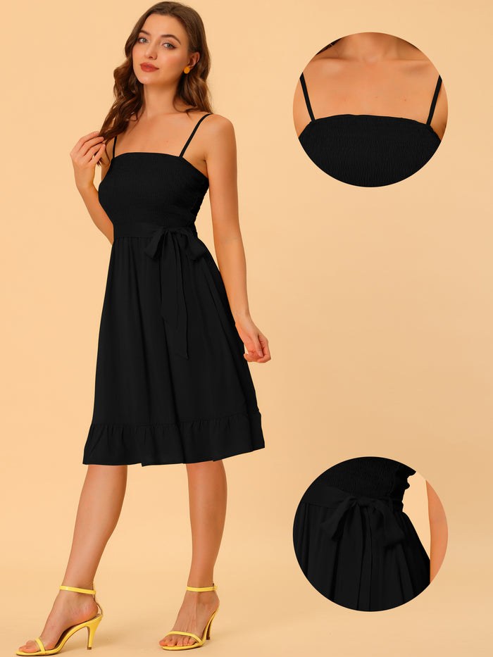 Allegra K Boho Smocked Spaghetti Strap Tie Waist Ruffle Beach Cami Dress Sundress