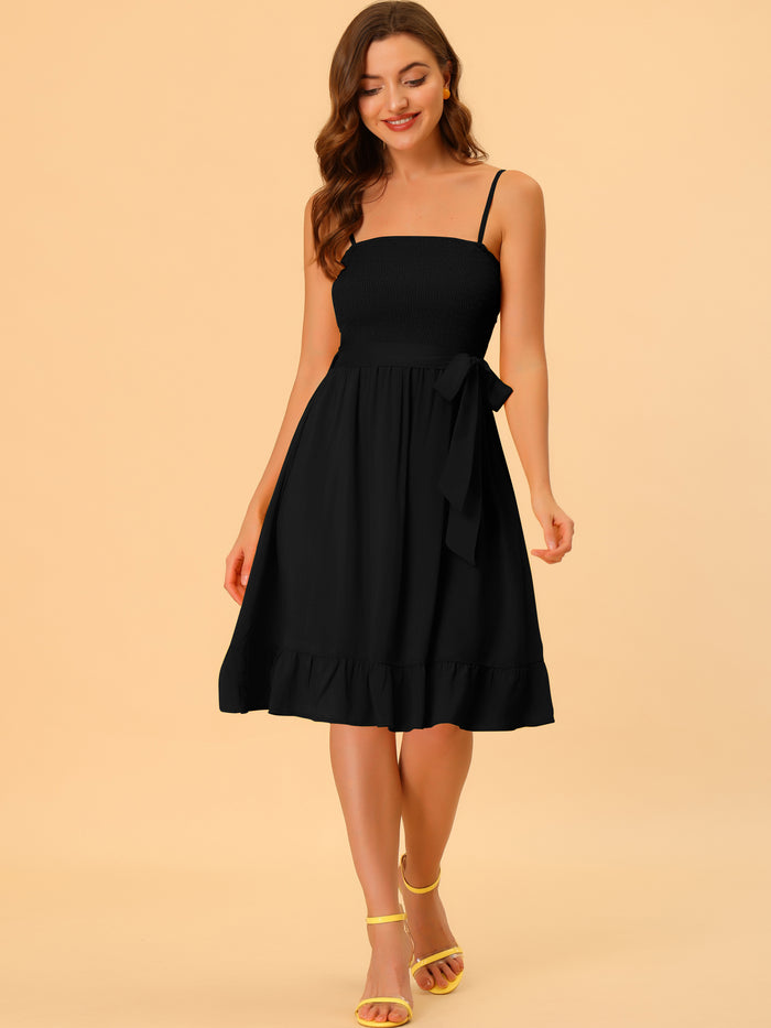 allegra k Boho Smocked Spaghetti Strap Tie Waist Ruffle Beach Cami Dress Sundress