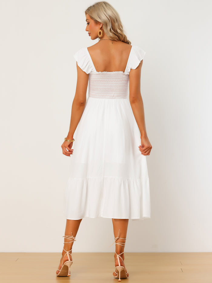 Allegra K Boho Square Neck Ruffle Tiered Flowy Smocked Midi Dress Sundress