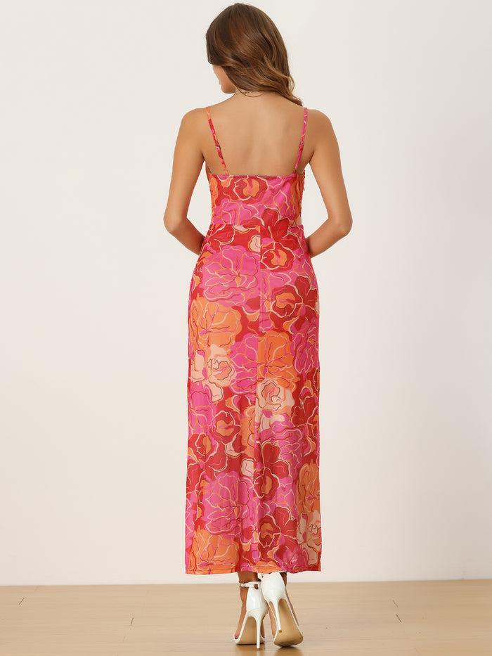 Allegra K Bold Floral Sleeveless Spaghetti Strap Maxi Dress Sundress