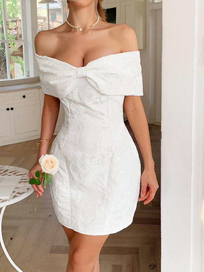 Allegra K Bow Off Shoulder Flower Textured Mini Dress