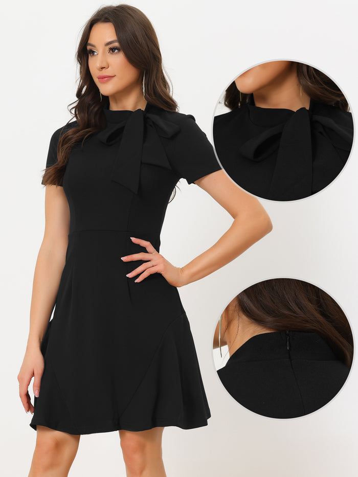 Allegra K Bow Tie Neck Short Sleeve Ruffled Hem A Line Dress