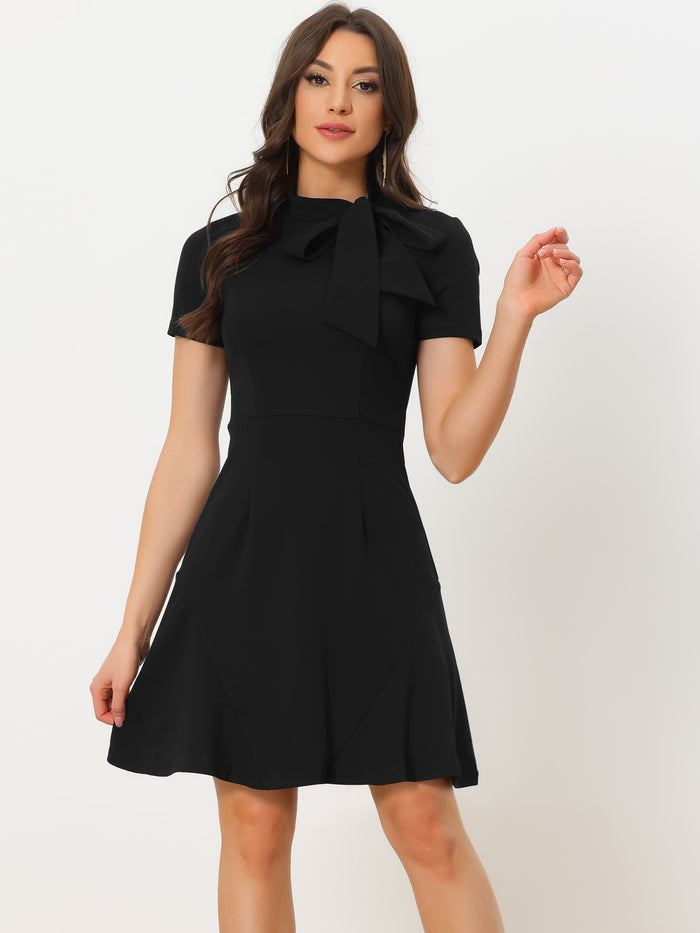 Allegra K Bow Tie Neck Short Sleeve Ruffled Hem A Line Dress