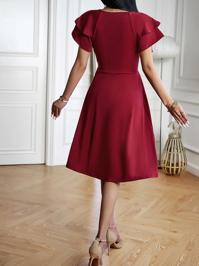 Allegra K Breathable Cotton Blend Solid Color V Neck Ruffled Sleeve Midi Date Nights & Garden Parties Dress