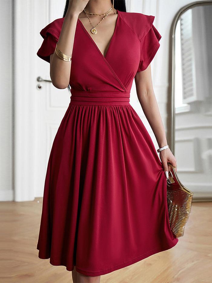 allegra k Breathable Cotton Blend Solid Color V Neck Ruffled Sleeve Midi Date Nights & Garden Parties Dress