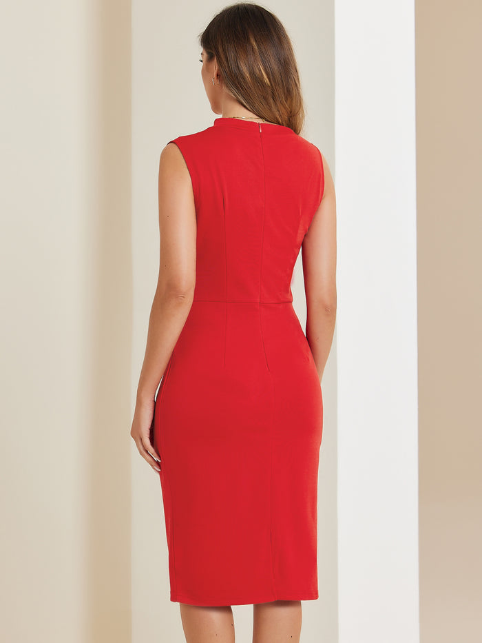Allegra K Business Casual Dress Stand Collar Sleeveless Knee Length Sheath Dress