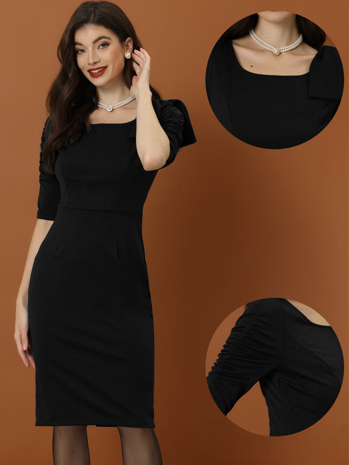 Allegra K Business Casual Square Neck 3/4 Sleeve Bodycon Bow Ruffle Dress