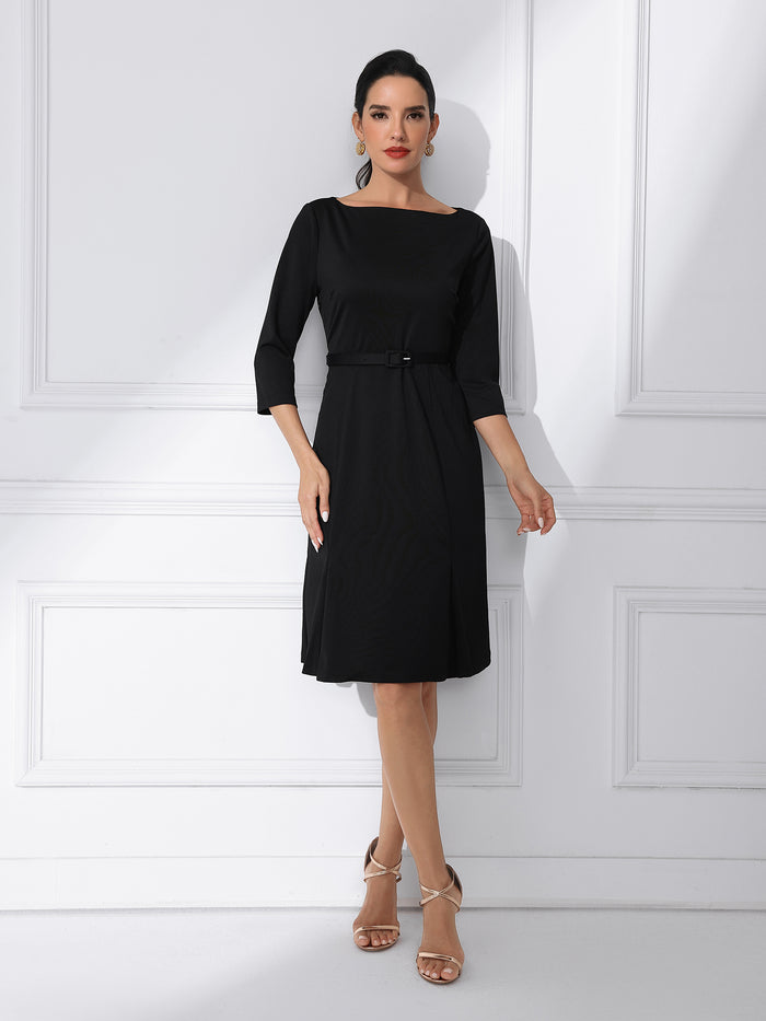 Allegra K Business Elegant Boat Neck Half Sleeve Pleated Midi Solid Dress