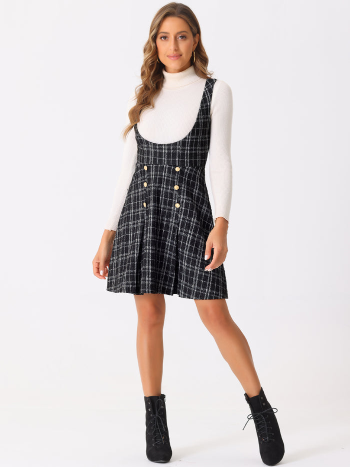 Allegra K Button Decor U Neck Plaid Tweed Overall Pinafore Dress