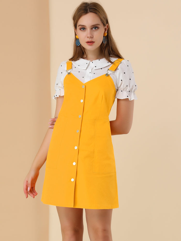 Allegra K Button Down Adjustable Strap Pockets Cotton Pinafore Overall Dress