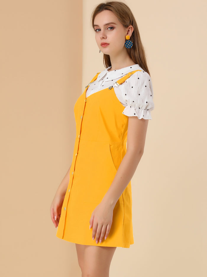 Allegra K Button Down Adjustable Strap Pockets Cotton Pinafore Overall Dress