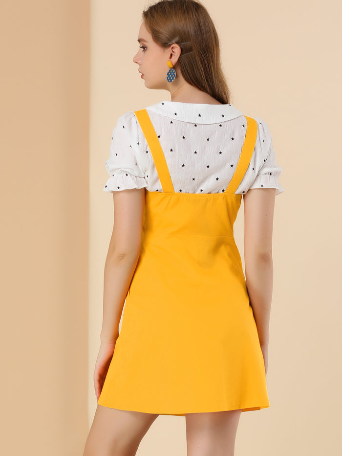 Allegra K Button Down Adjustable Strap Pockets Cotton Pinafore Overall Dress