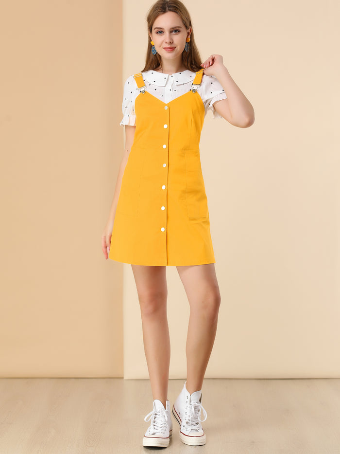 allegra k Button Down Adjustable Strap Pockets Cotton Pinafore Overall Dress