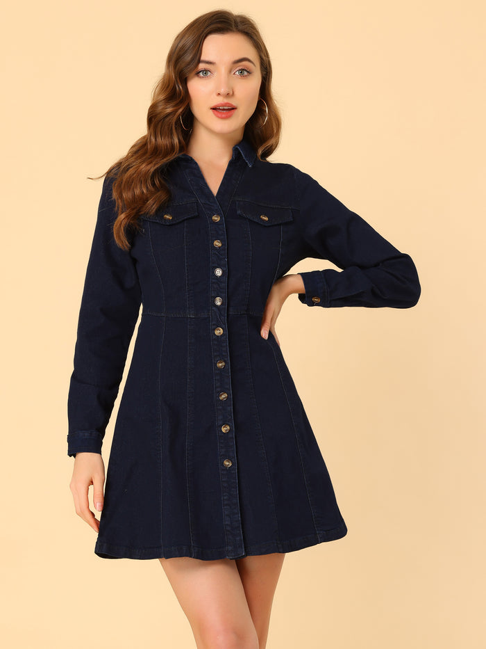 Allegra K Button Down Collar V Neck Long Sleeve A-line Jean Denim Dress