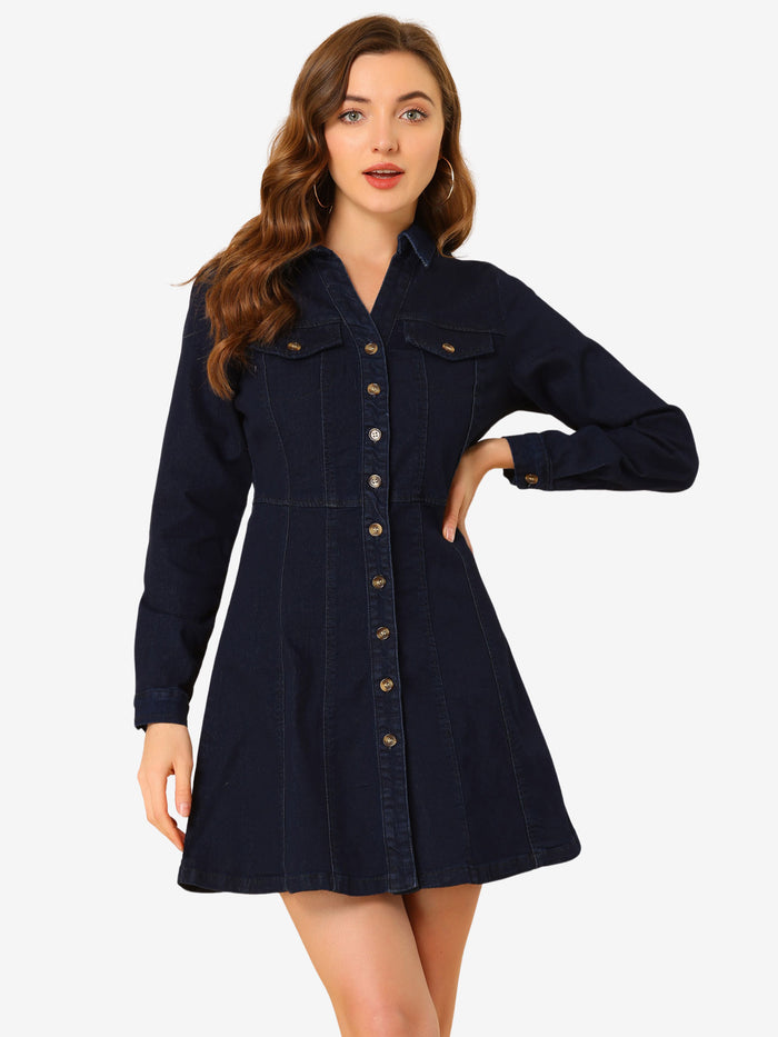 allegra k Button Down Collar V Neck Long Sleeve A-line Jean Denim Dress